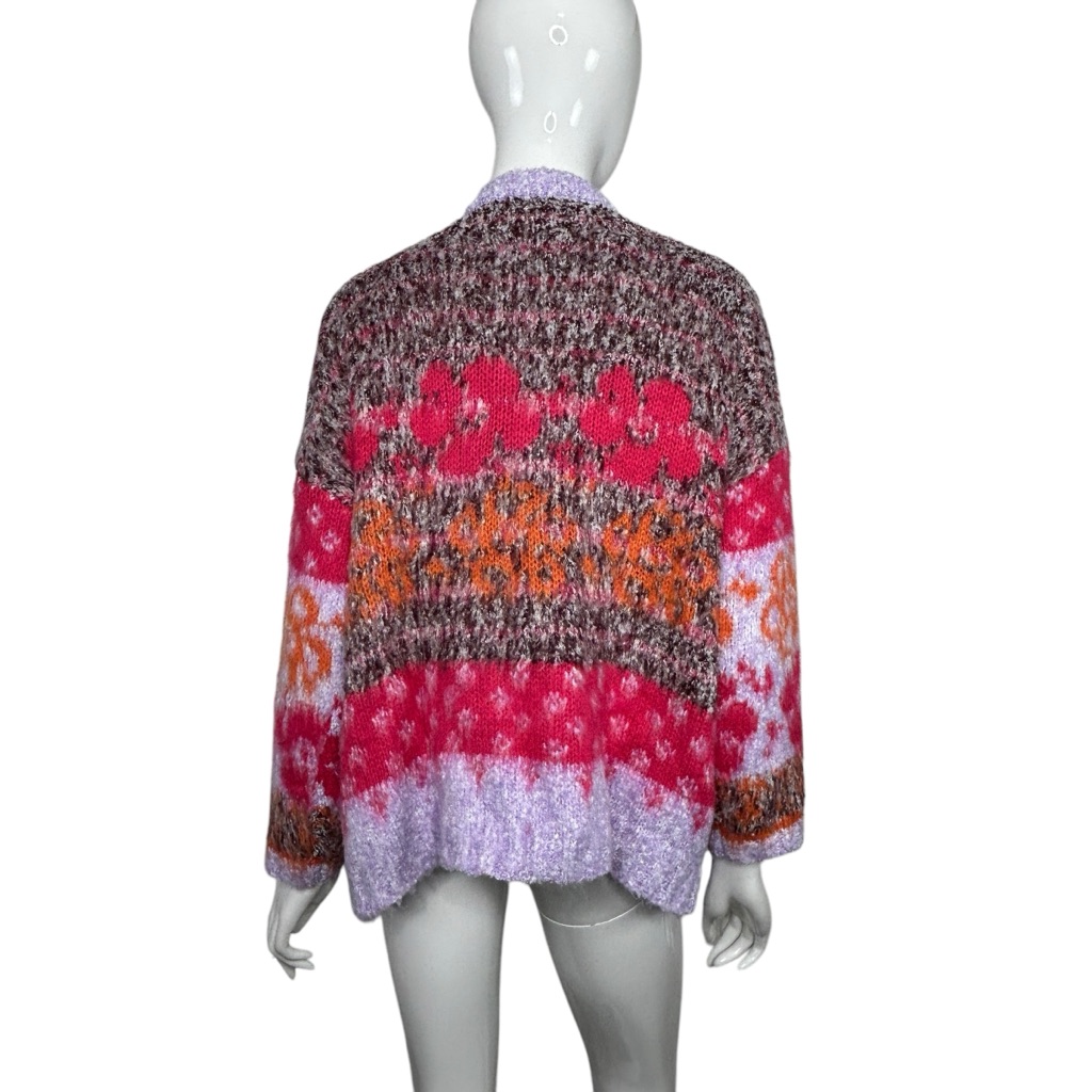 &Merci Cardigan Sweater Womens Size Small Purple Red Orange Open Front Floral